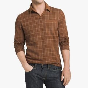 Arrow Men's Dark Sienna Plaid Long Sleeve Jaspe Polo Shirt